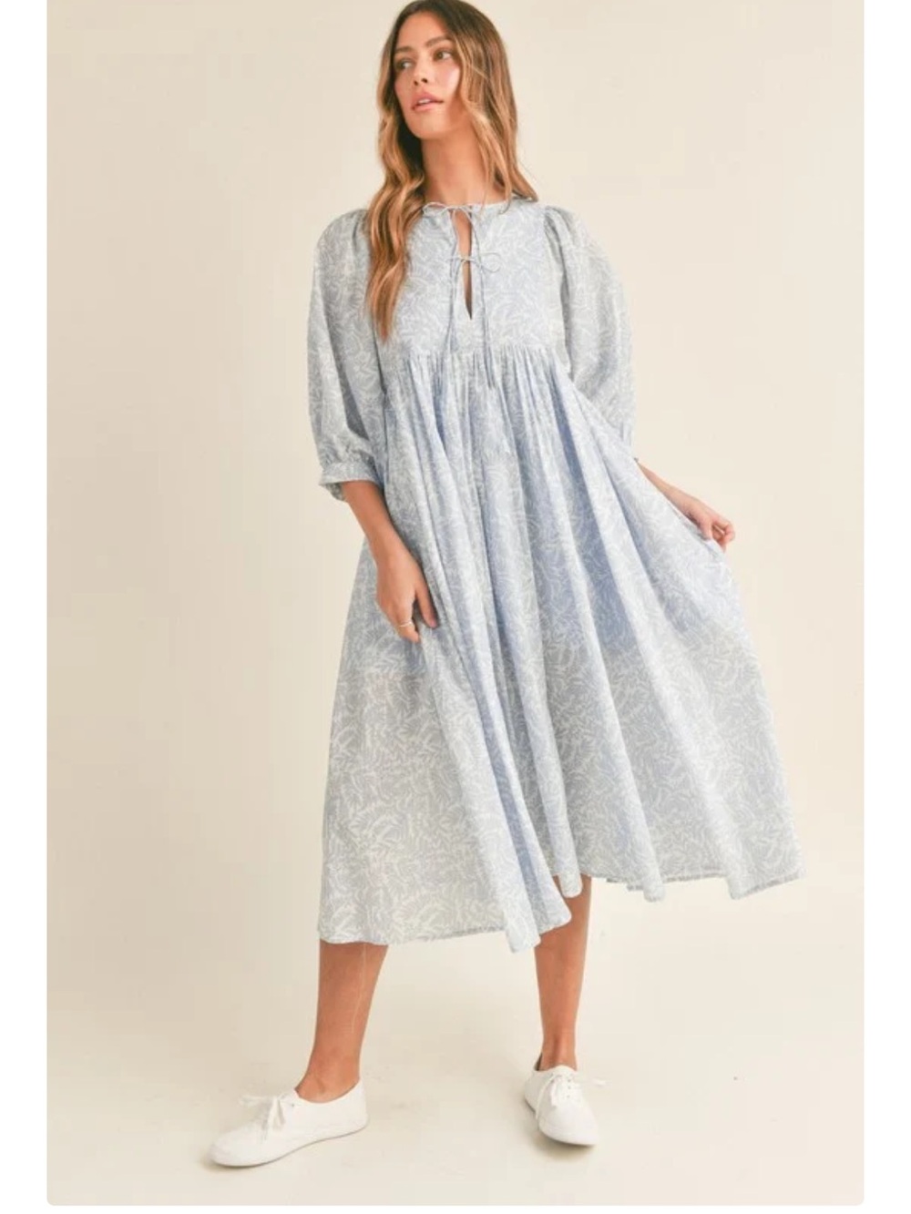 👗Mable Light Blue Floral Tie-Front Midi Dress